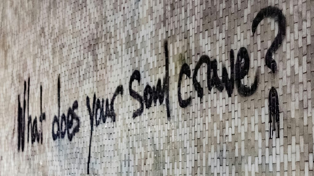 Image shows a wall with graffiti written on it saying "what does your soul crave?"When was the last time you asked yourself "what do I want?"
