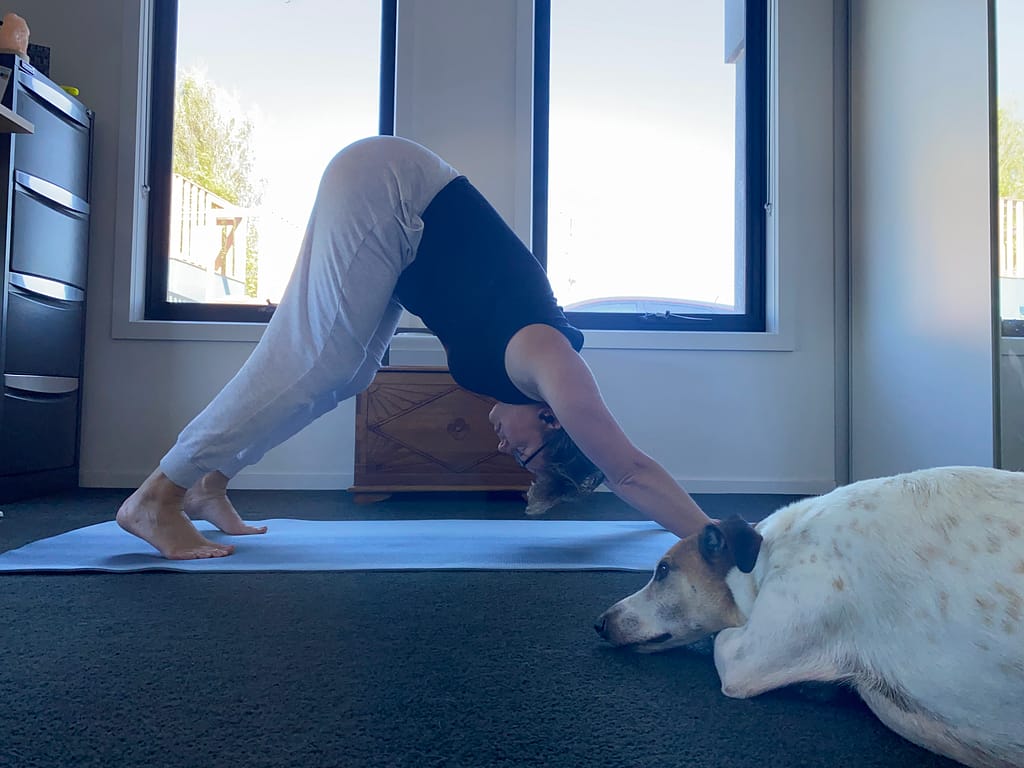 Em's new Downward Dog - how she should be doing it to progress. Heels are still off the floor, but knees are bent to allow shoulders and chest to open fully.