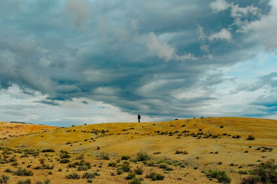 A person stands alone in the middle of a desert.