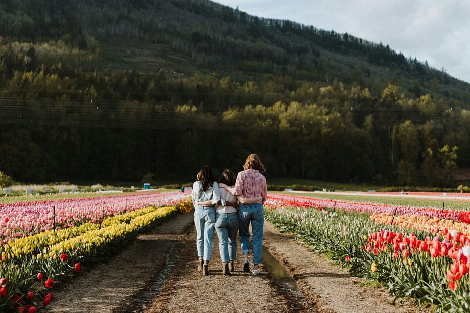 Three friends walk arm-in-arm through a field of tulips. They are walking away from the camera towards a tree covered mountain.