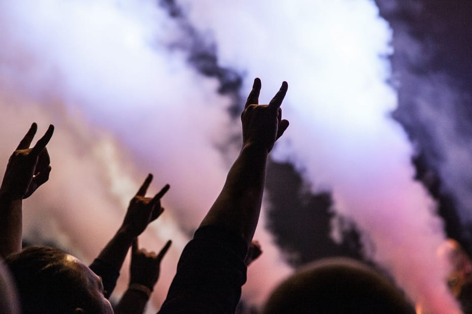 Hands raised in the classic rock hand signal at a concert, celebrating the roar of live music and joyful noise.