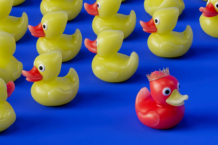 A bunch of yellow rubber duckies all face one way, while a red rubber duckie (wearing a crown) faces in another direction.